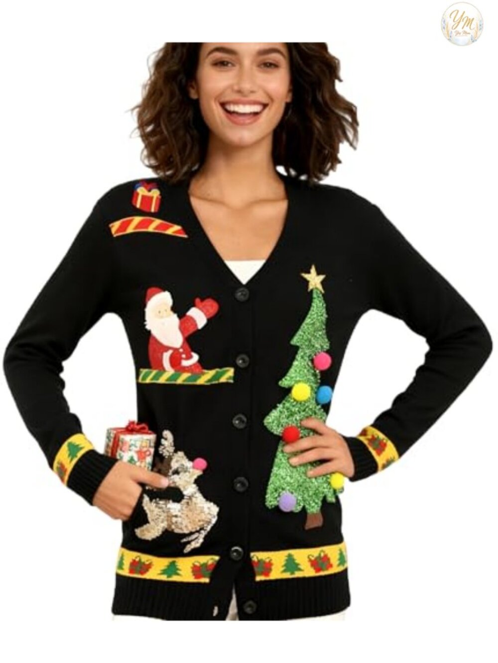 Women's Ugly Christmas Sweater Cardigan Funny Reindeer Knit Long Sleeve V-Neck